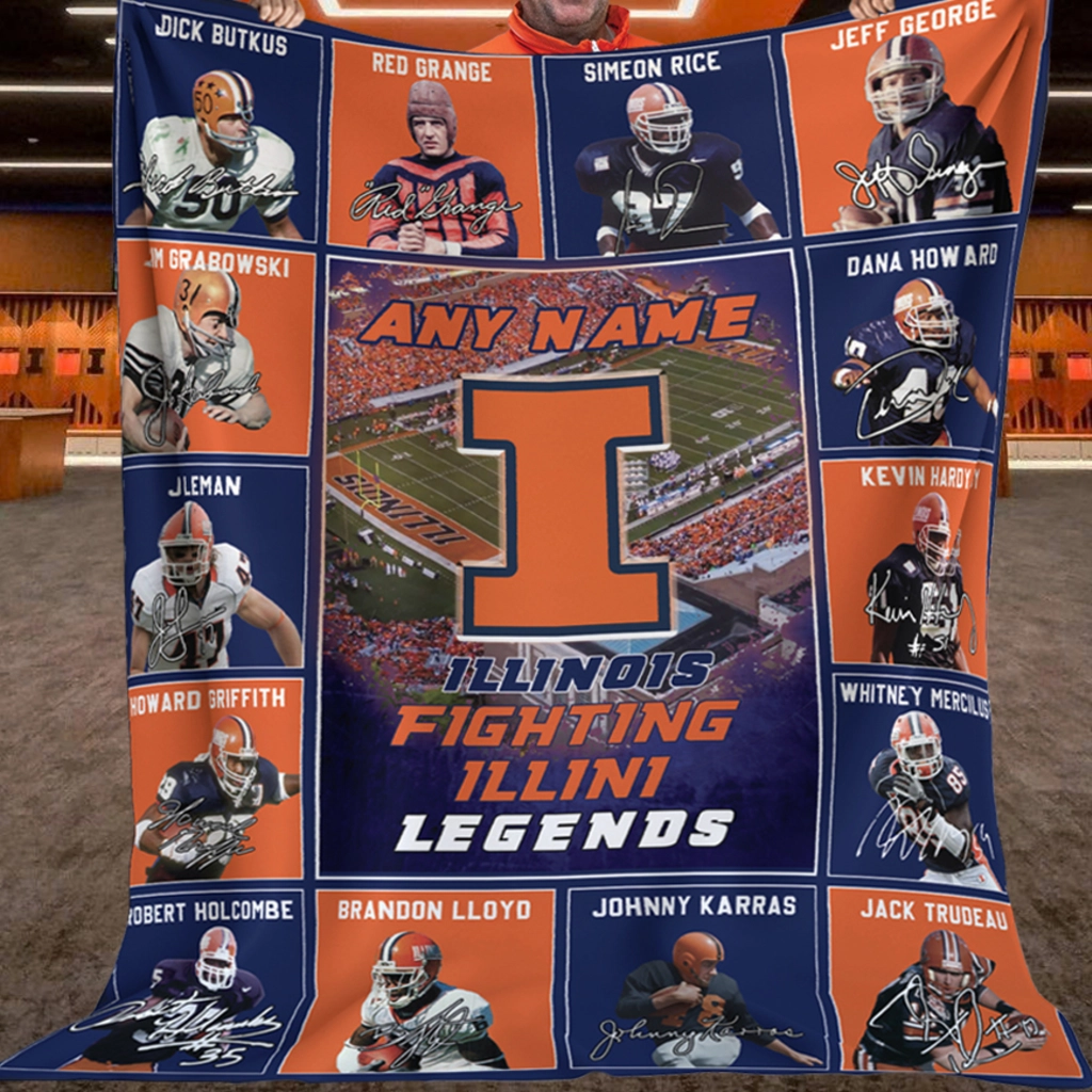 Illinois Fighting Illini Quilt Blanket Legends Collage Blue Orange Illinois Fighting Illini Quilt Blanket Legends Collage Blue Orange
