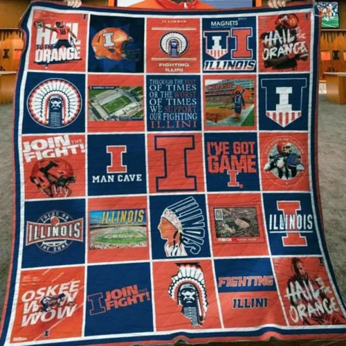Illinois Fighting Illini Quilt Blanket Patchwork Orange Blue