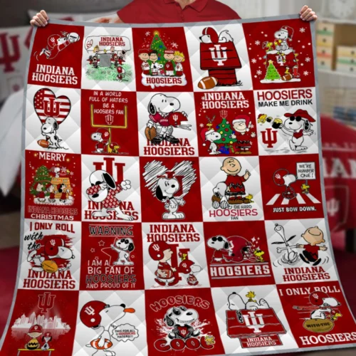 Indiana Hoosiers Quilt Blanket Snoopy Cartoon Red White