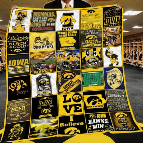 Iowa Hawkeyes Quilt Blanket Patchwork Logo Yellow Black
