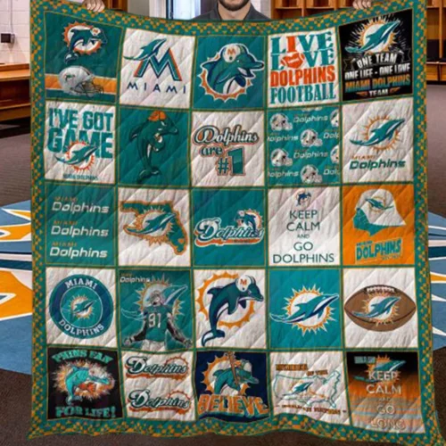 Miami Dolphins Quilt Blanket Vintage Logo Patchwork Teal Orange