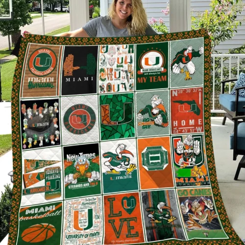 Miami Hurricanes Quilt Blanket Patchwork Collage Green Orange