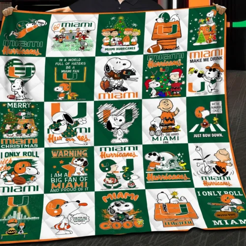 Miami Hurricanes Quilt Blanket Snoopy Cartoon Patchwork Green Orange