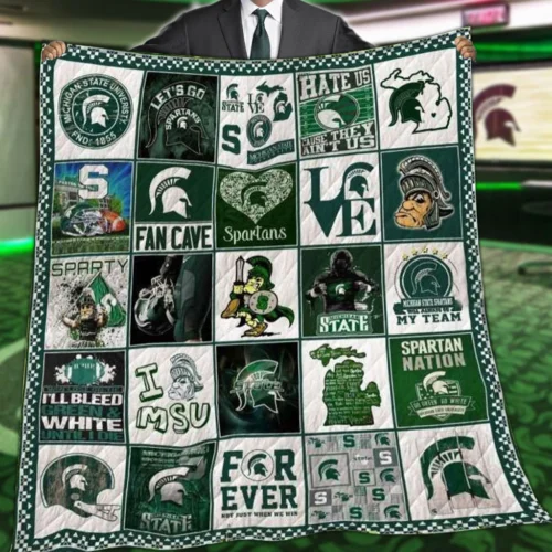 Michigan State Spartans Quilt Blanket Patchwork Green White