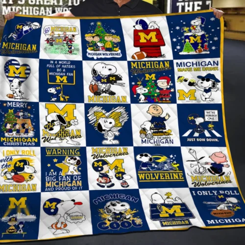 Michigan Wolverines Quilt Blanket Snoopy Patchwork Blue Yellow