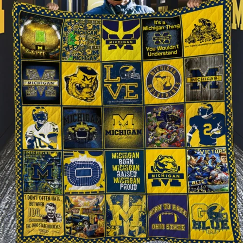 Michigan Wolverines Quilt Blanket Vintage Logo Patchwork Yellow Blue