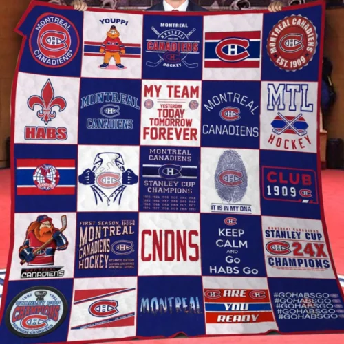 Montreal Canadiens Quilt Blanket Logo Patchwork Blue Red