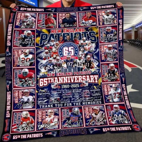 New England Patriots Quilt Blanket 65th Anniversary Navy Blue Red