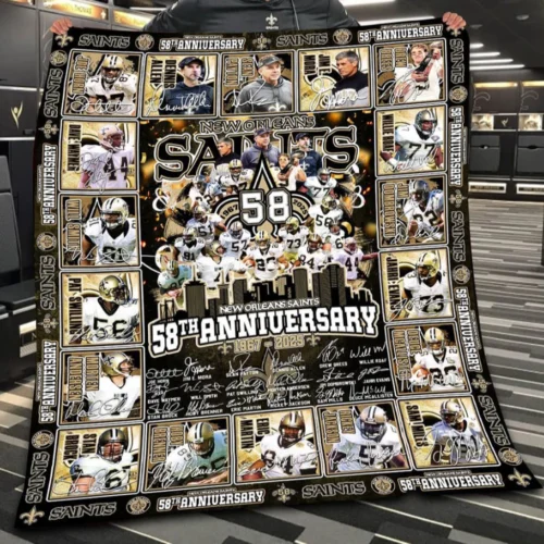 New Orleans Saints Quilt Blanket 58th Anniversary Black Gold