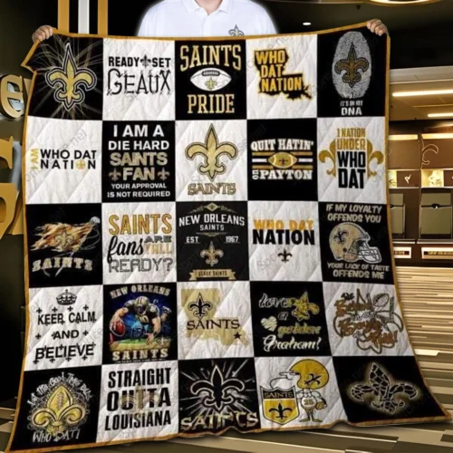 New Orleans Saints Quilt Blanket Patchwork Design Black Gold