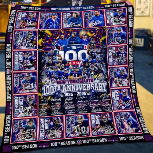 New York Giants Quilt Blanket 100th Anniversary Blue White