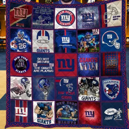 New York Giants Quilt Blanket Patchwork Collage Blue Red