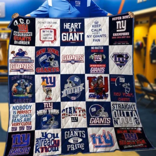 New York Giants Quilt Blanket Patchwork Logo Blue White