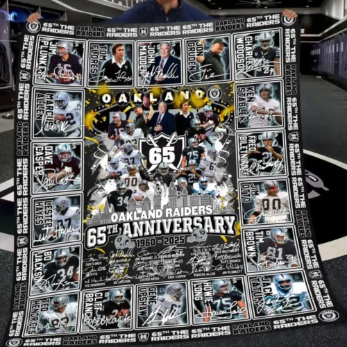 Oakland Raiders Quilt Blanket 65th Anniversary Black White