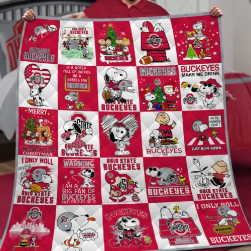 Ohio State Buckeyes Quilt Blanket Peanuts Comic Red White