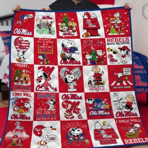 Ole Miss Quilt Blanket Peanuts Character Patchwork Red White