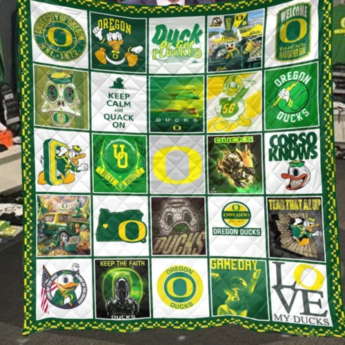 Oregon Ducks Quilt Blanket Patchwork Logo Green Yellow