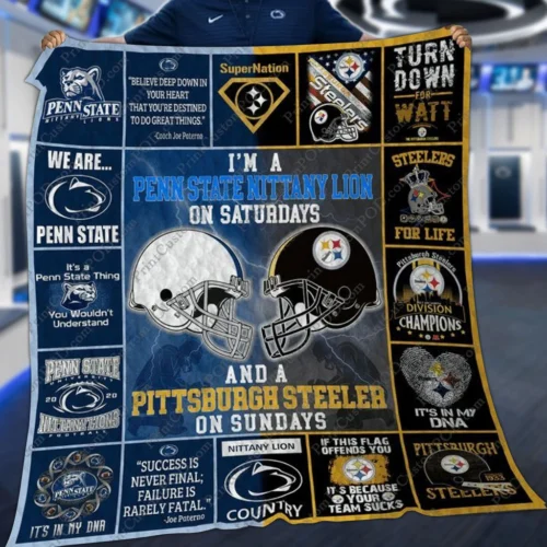 Penn State Steelers Quilt Blanket Football Helmets Blue White