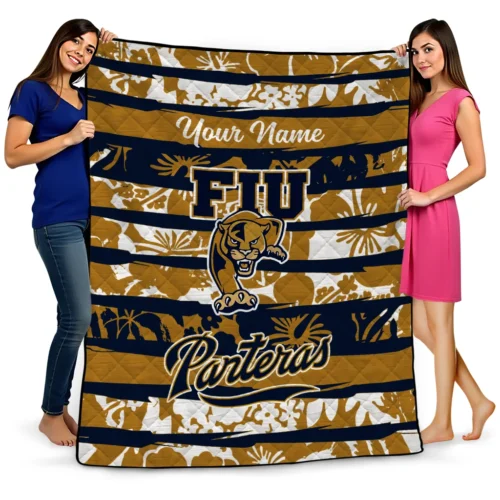 personalized fiu panthers layered florals blue white quilt blanket best selling.webp