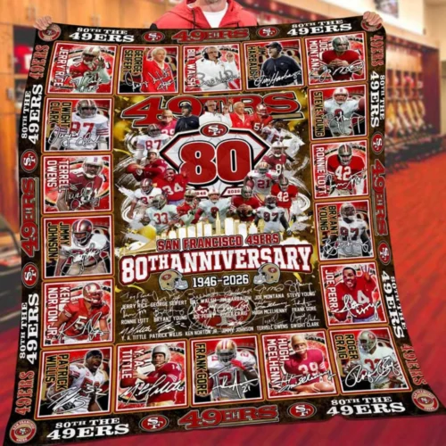San Francisco 49ers Quilt Blanket 80th Anniversary Red Gold