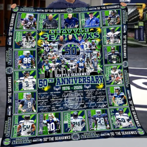 Seattle Seahawks Quilt Blanket 50th Anniversary Blue Green