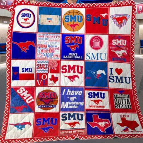 Southern Methodist University Quilt Blanket Patchwork Logo Red Blue