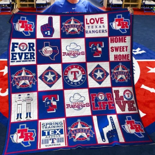 Texas Rangers Quilt Blanket Patchwork Logo Blue Red
