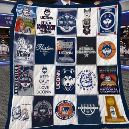 Uconn Quilt Blanket Huskies Patchwork Blue White