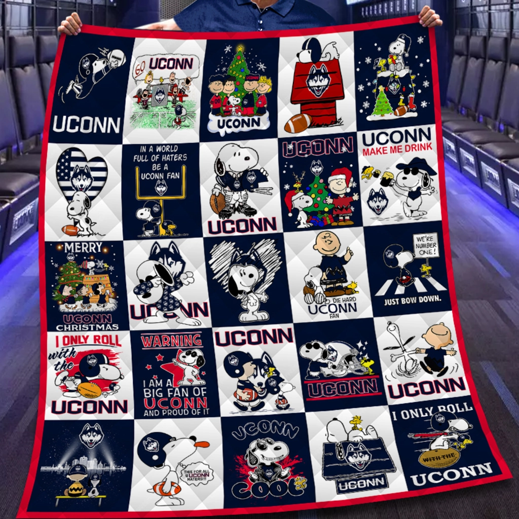 Uconn Quilt Blanket Snoopy Cartoon Patchwork Blue White Uconn Quilt Blanket Snoopy Cartoon Patchwork Blue White