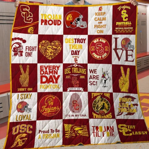 Usc Trojans Quilt Blanket Patchwork Logo Red Yellow