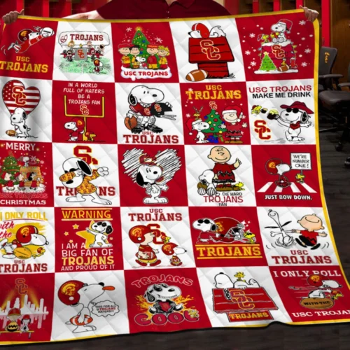 Usc Trojans Quilt Blanket Snoopy Cartoon Patchwork Red White