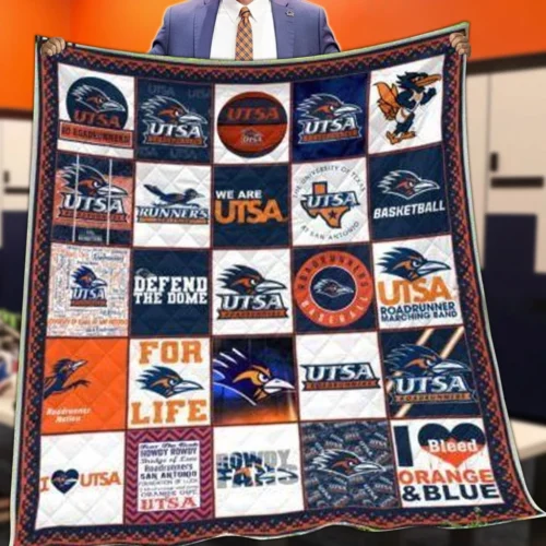 Utsa Quilt Blanket Roadrunner Logo Patchwork Blue Orange