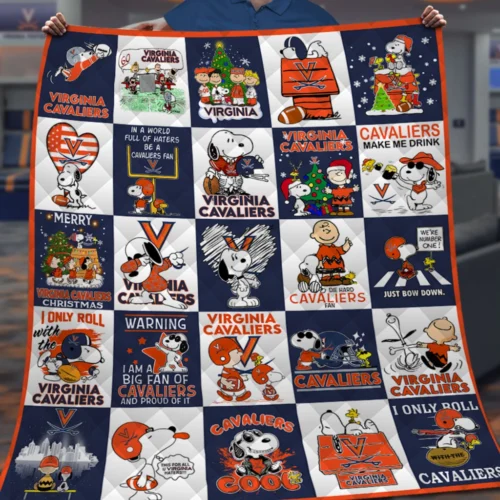 Virginia Cavaliers Quilt Blanket Snoopy Patchwork Blue Orange