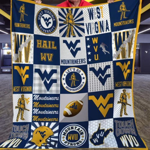 West Virginia Mountaineers Quilt Blanket Patchwork Blue Yellow