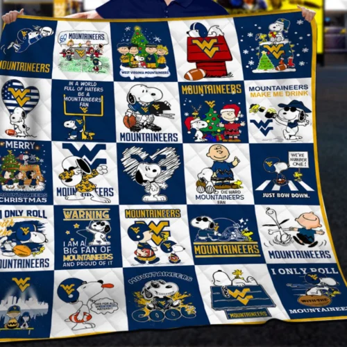 West Virginia Mountaineers Quilt Blanket Snoopy Cartoon Blue Yellow