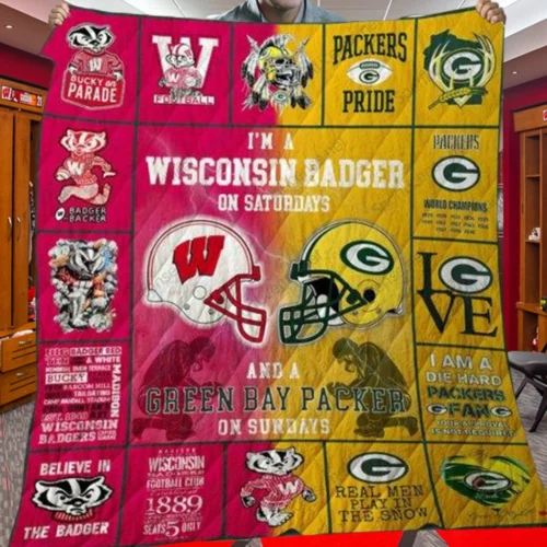 Wisconsin Badgers Quilt Blanket Football Helmet Red Yellow