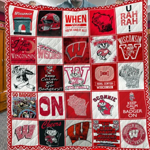 Wisconsin Badgers Quilt Blanket Patchwork Logo Red White